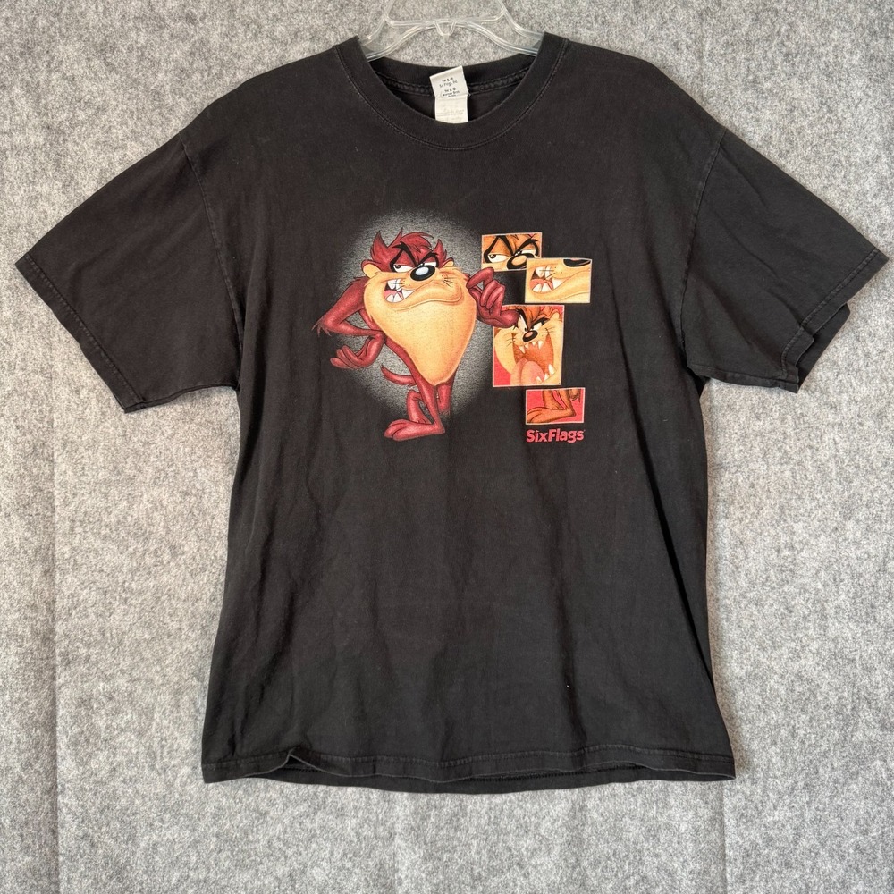 Vtg 90s Looney Tunes Six Flags T Shirt Men Large Black Faded Tazmanian Devil
